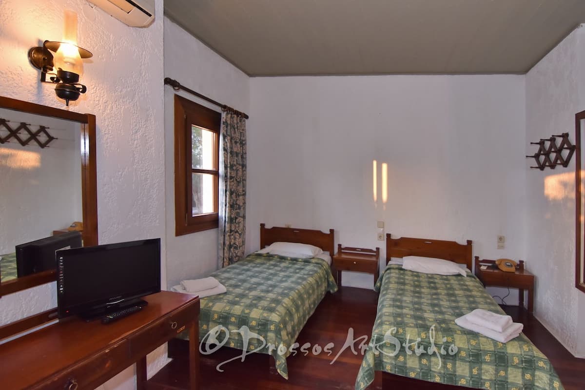 A room with two wooden beds, a television on a wooden table, and a window with curtains.
