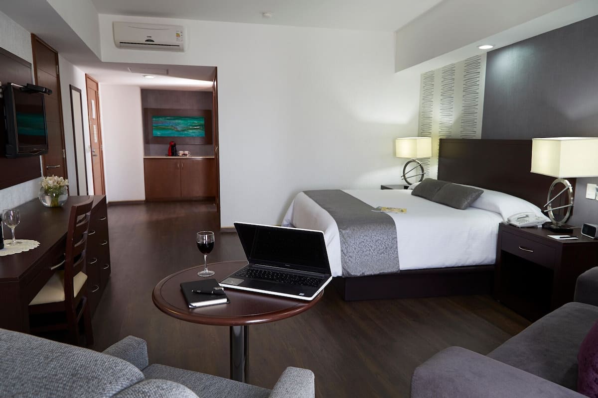 In-room safe, desk, laptop workspace, blackout curtains