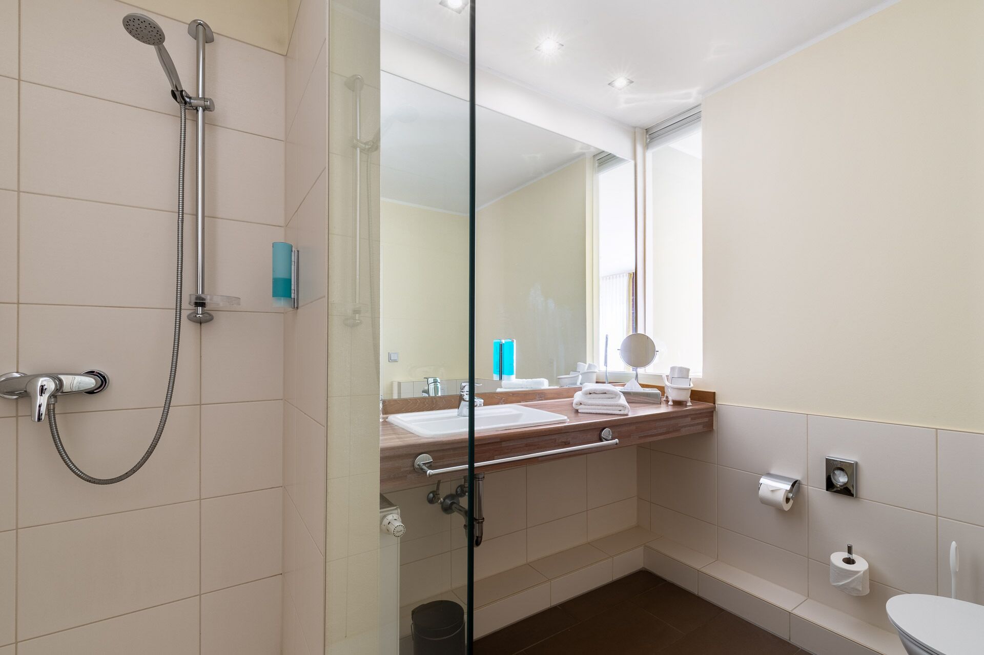 Une salle de bain moderne avec une douche à parois de verre, un meuble-lavabo en bois, un grand miroir et des toilettes.