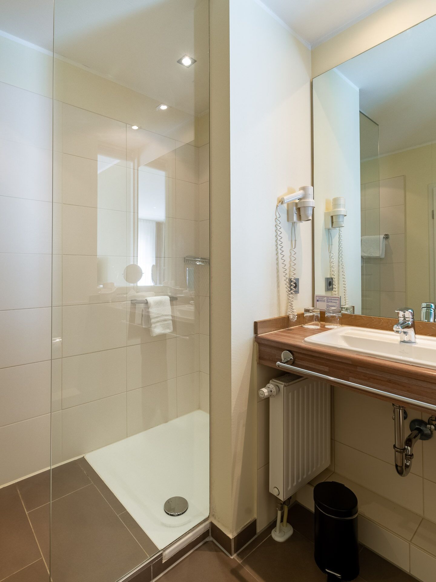 A modern bathroom with a glass-enclosed shower, a sink with a mirror, and a towel rack.