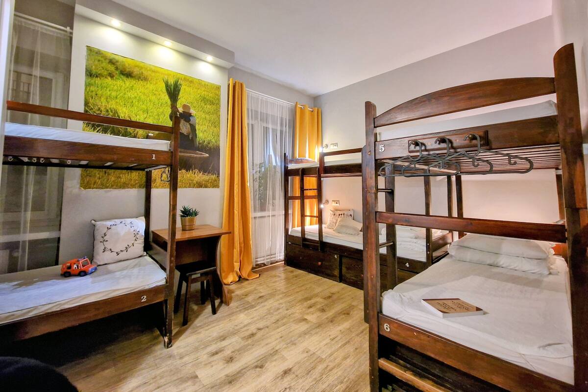 A bunk bed room with a desk, a chair, and a window with curtains.