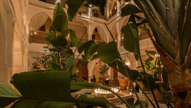 A spacious lobby with a high ceiling, multiple balconies, and lush green plants.