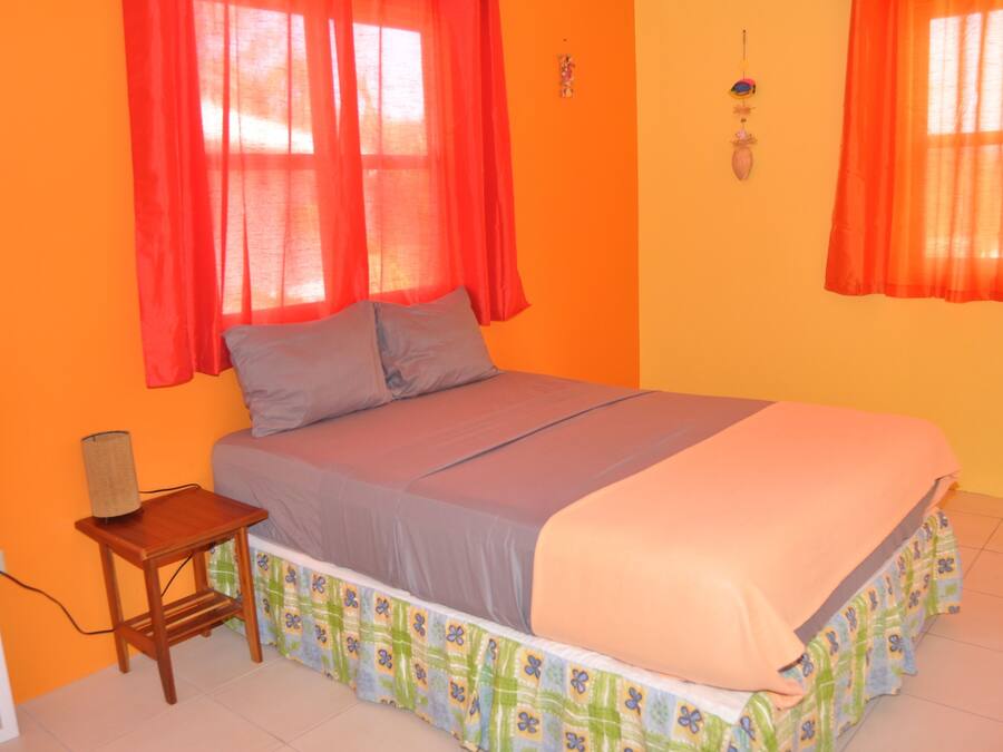 A bedroom with a bed, two pillows, a bedside table with a lamp, and two windows with red curtains.