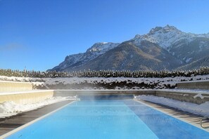 Indoor pool, outdoor pool, pool umbrellas, sun loungers