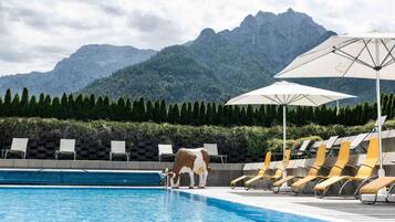 Indoor pool, outdoor pool, pool umbrellas, pool loungers