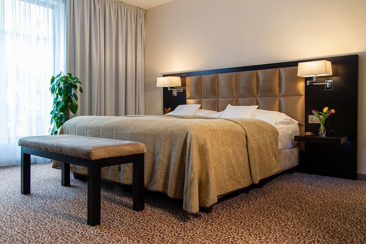A hotel room with a large bed, a bench, a nightstand with a lamp, and a potted plant.