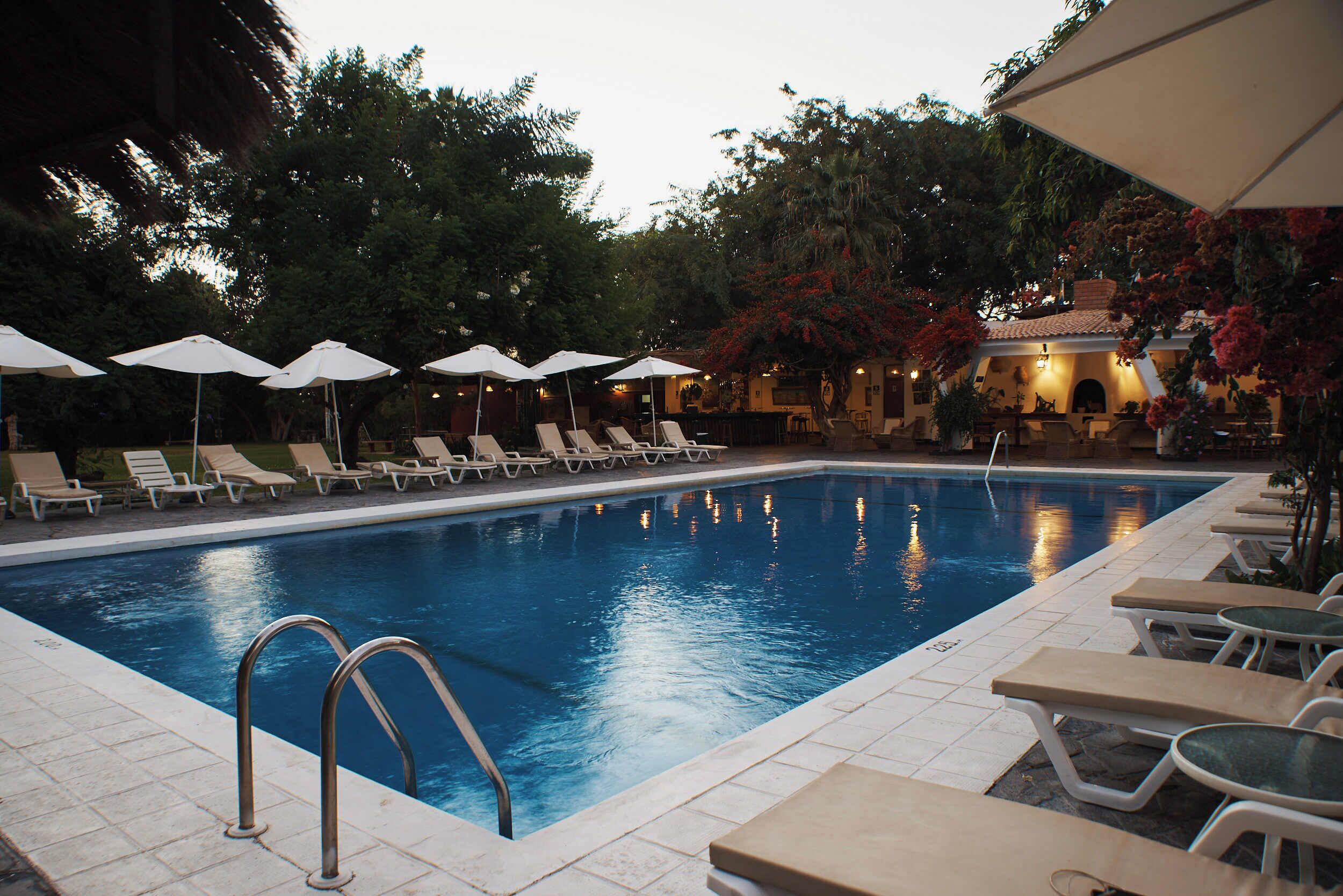 A swimming pool with lounge chairs and umbrellas, surrounded by trees and a building with a tiled roof.