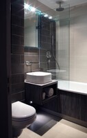 Bañera con ducha, artículos de tocador de diseñador, secador de pelo