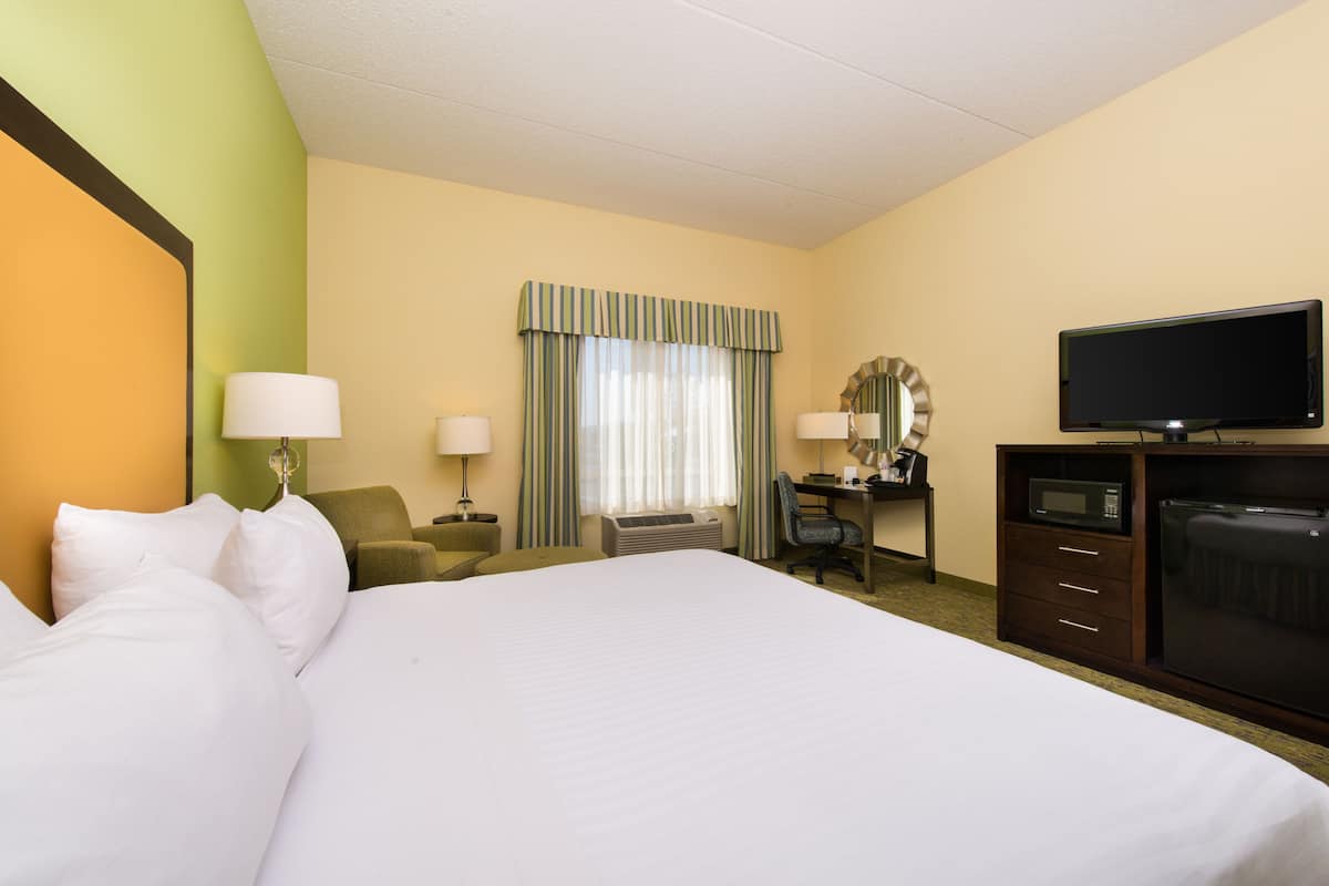 A hotel room with a large bed, a desk with a chair, a television, a microwave, and a mirror.