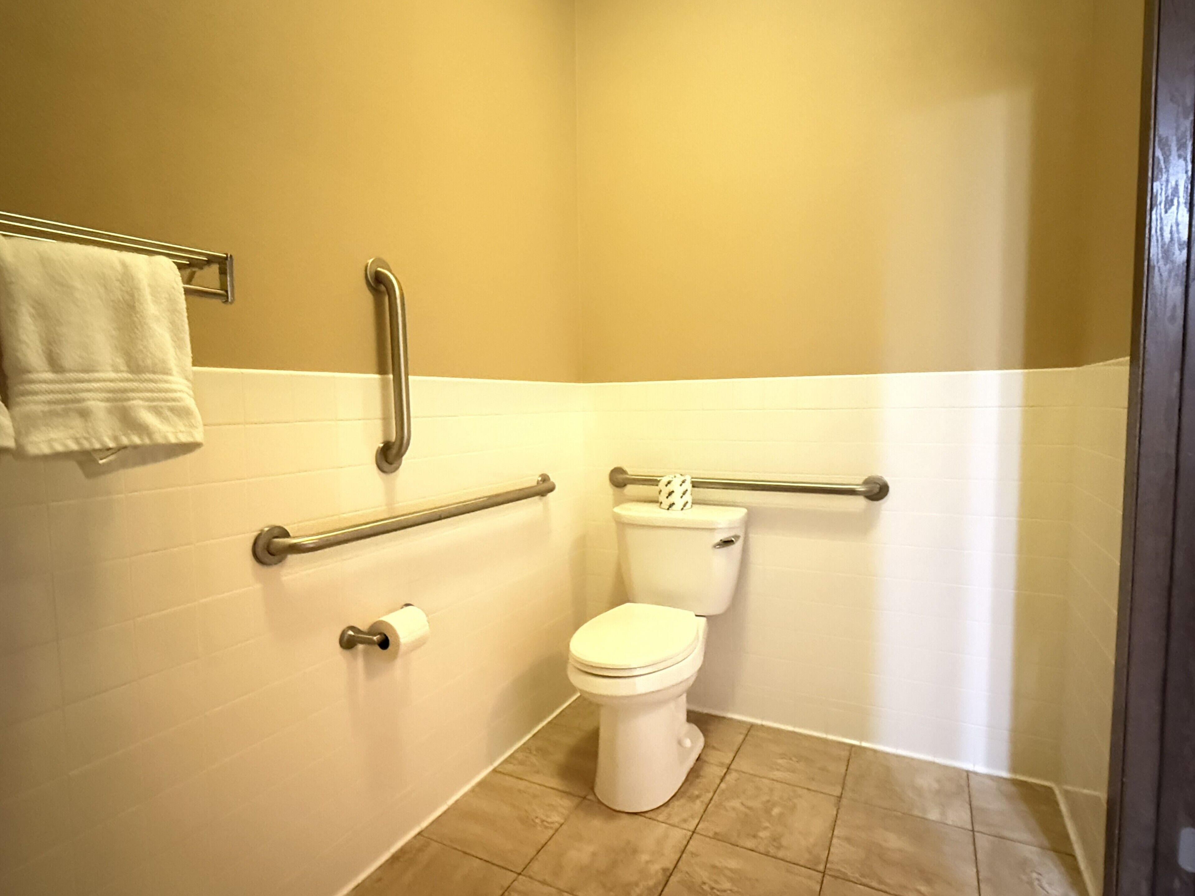 A bathroom with a toilet, handrails, a towel rack, and a toilet paper holder.