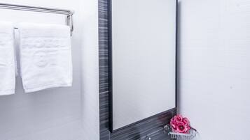 Shower, hair dryer, towels