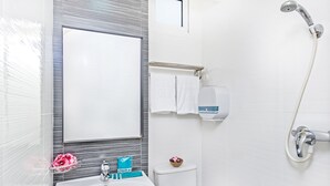 Un baño moderno con ducha, inodoro y lavamanos.