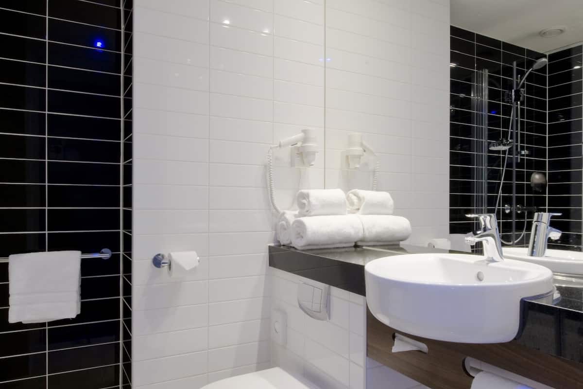 standard room (free breakfast) | bathroom | shower, rainfall showerhead, hair dryer, towels