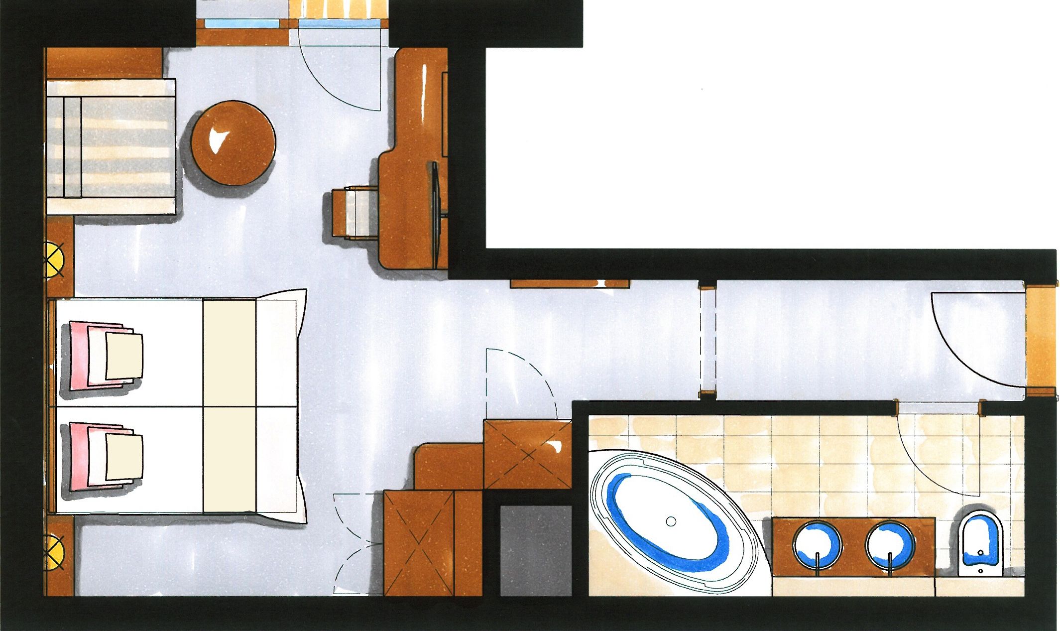 Distribución de una habitación de hotel con cama, zona de estar y baño.