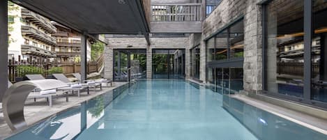Indoor pool, outdoor pool, sun loungers