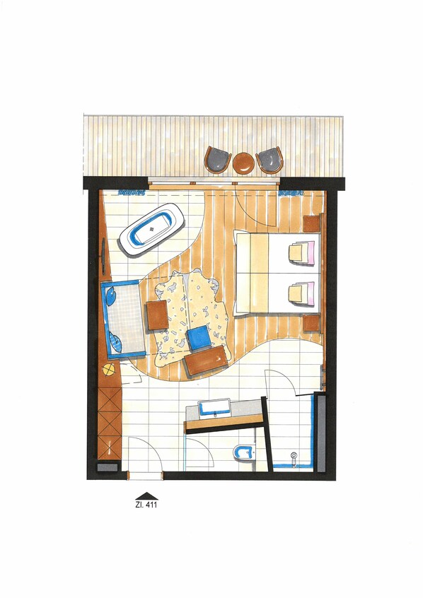Plano de planta de una habitación de hotel con cama, escritorio, silla, mesita, sofá y ventana.