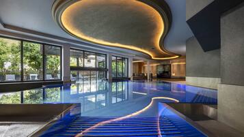 Indoor pool, outdoor pool, sun loungers