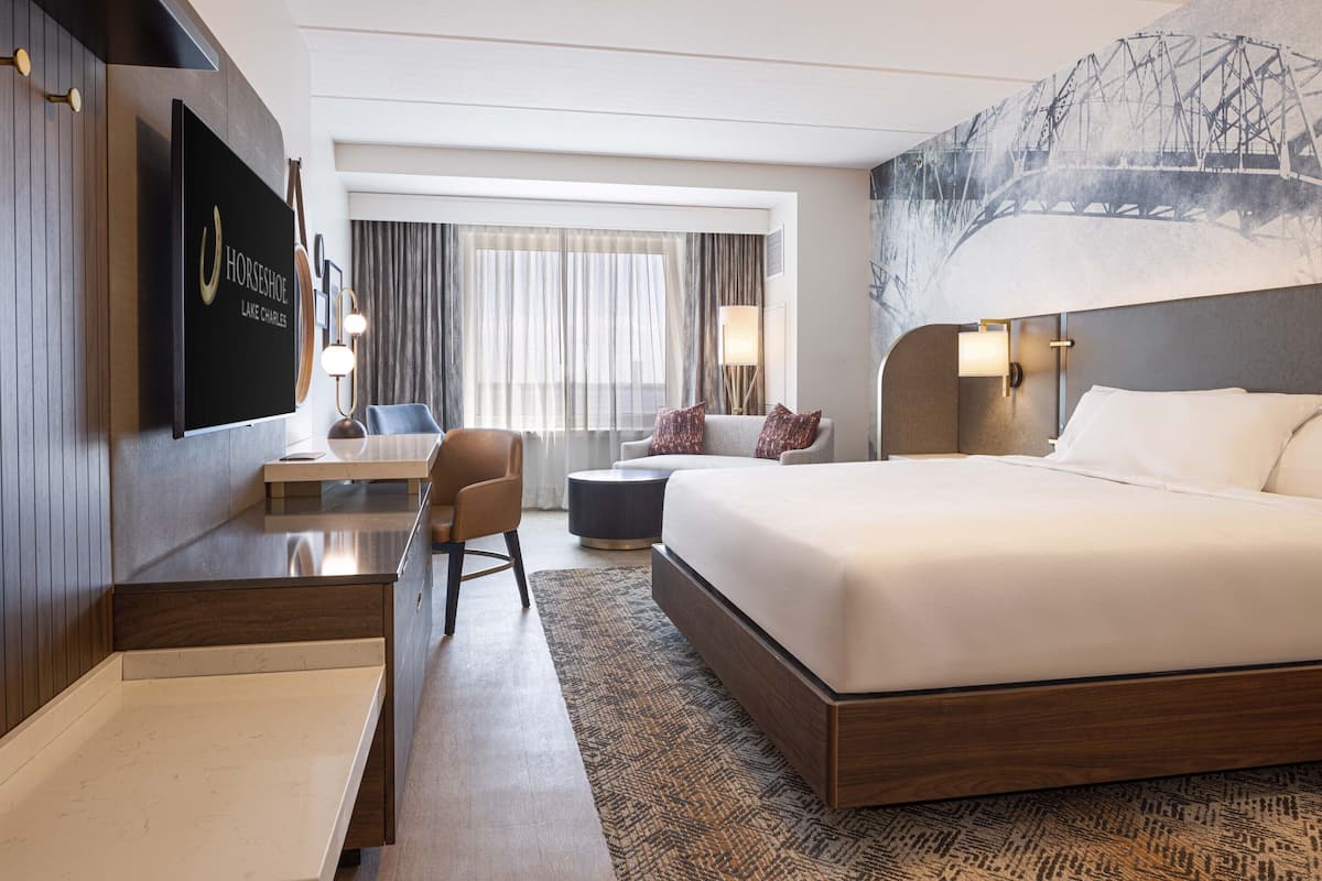 A hotel room with a large bed, a desk, a chair, a TV, and a view of a bridge.