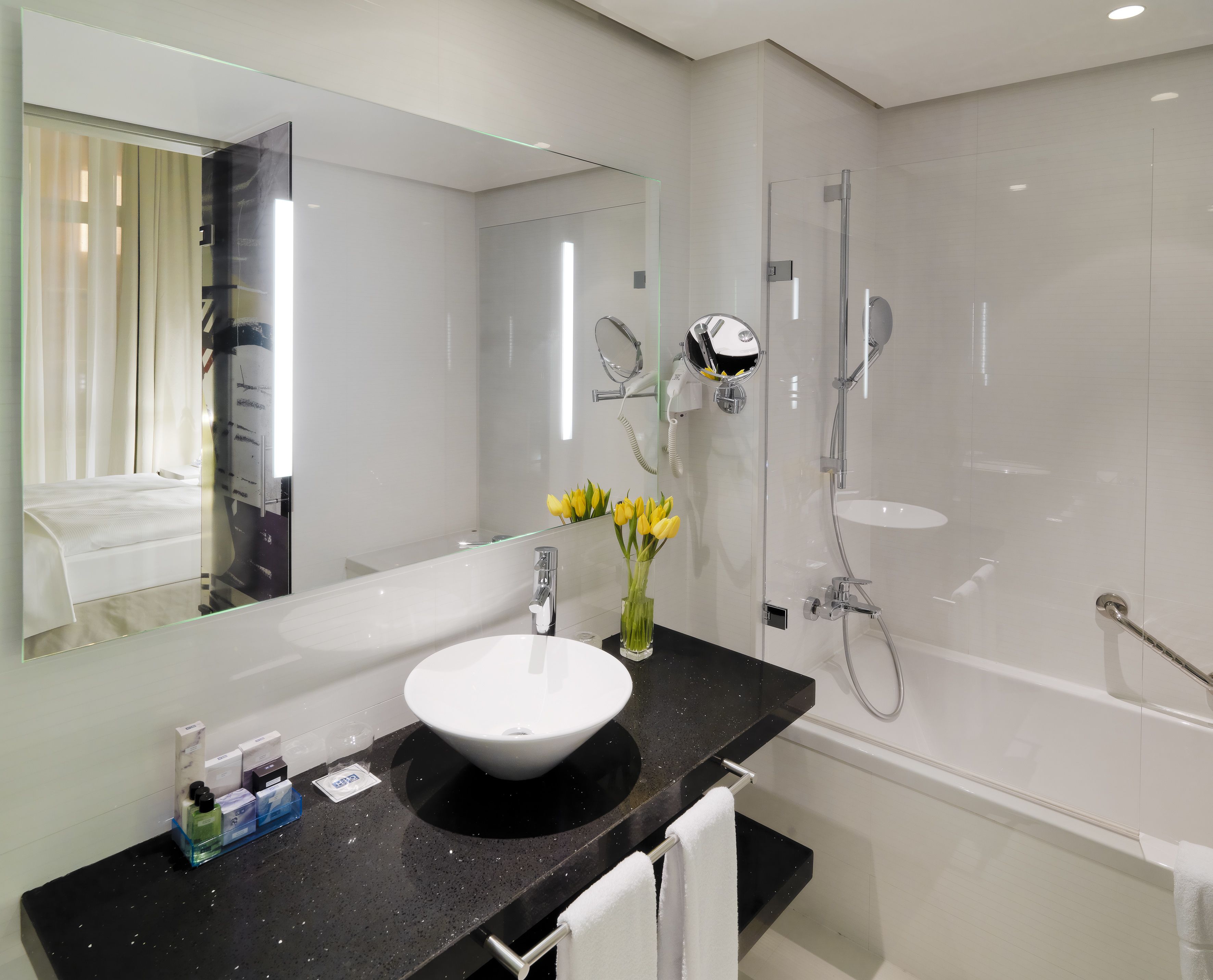 eco-friendly toiletries, hair dryer, towels, soap