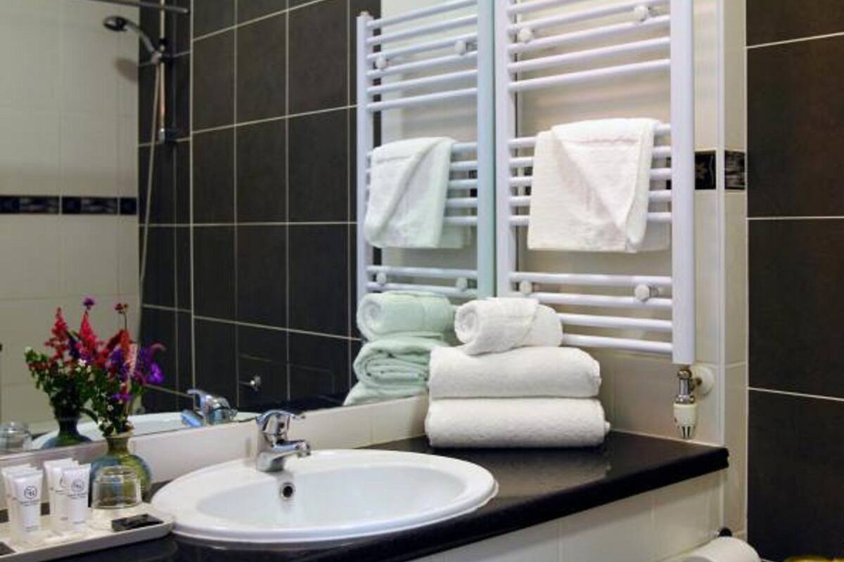 combined shower/bathtub, free toiletries, hair dryer, towels