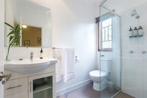 Suite, 1 grand lit | Salle de bain | Douche, séchoir à cheveux, serviettes fournies