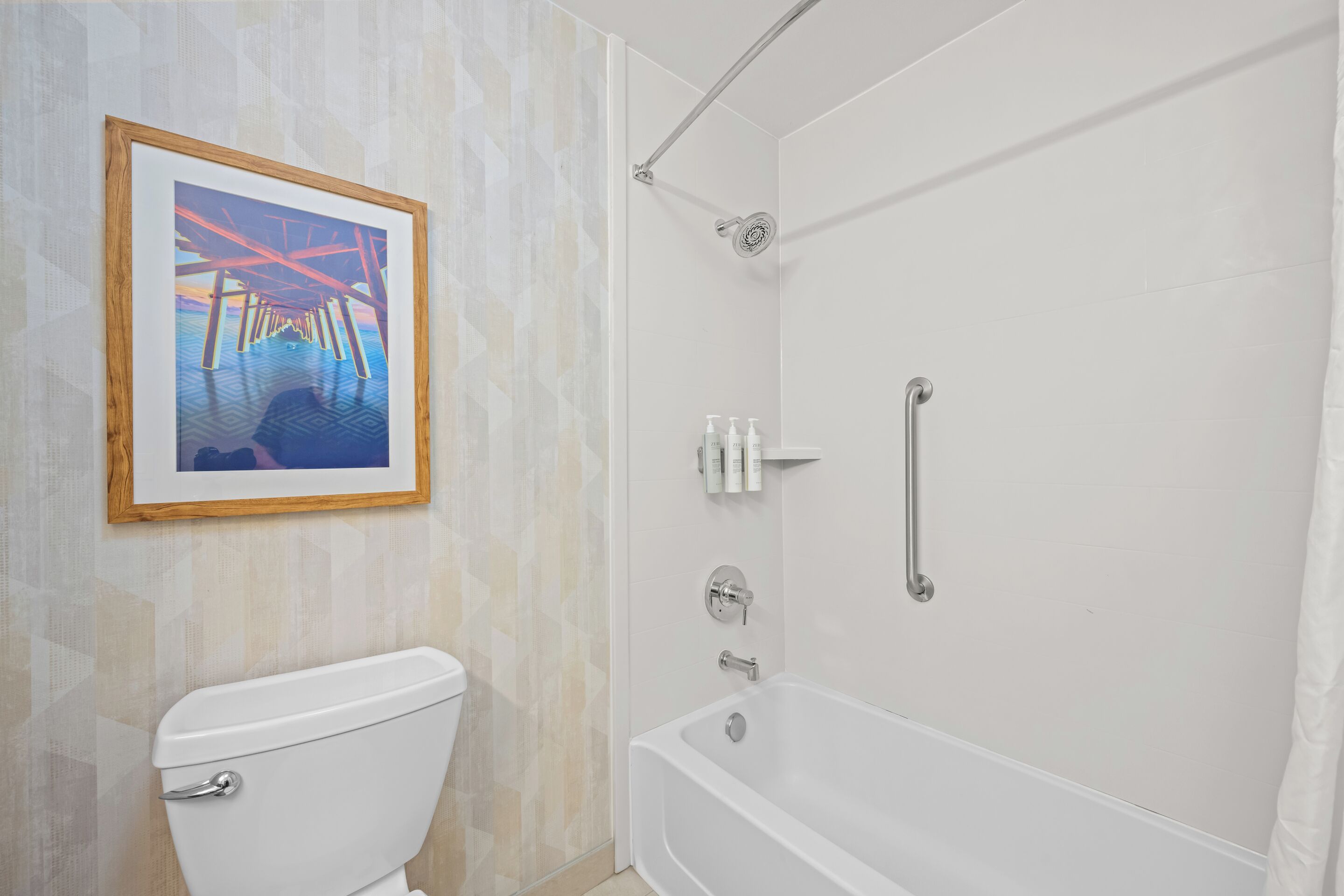A bathroom with a toilet, a shower with a handheld showerhead, and a framed picture on the wall.