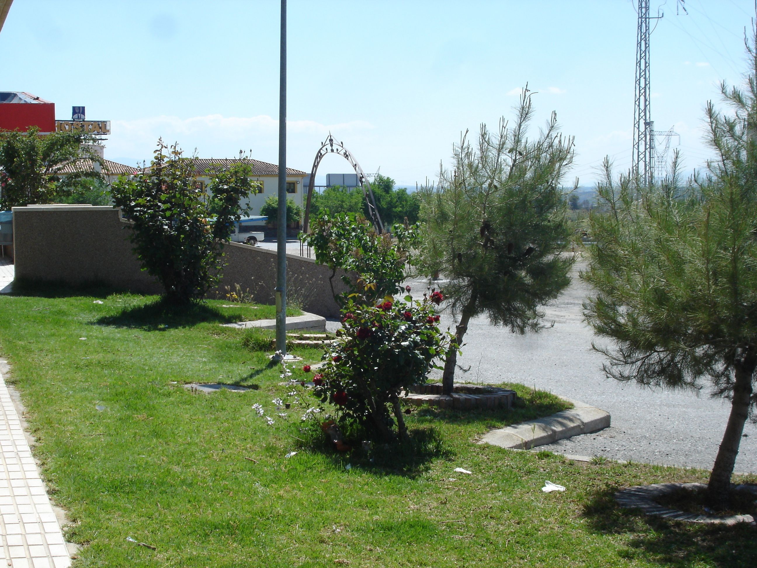 Una calle residencial con un área verde, un pequeño jardín con flores rojas y un coche estacionado.