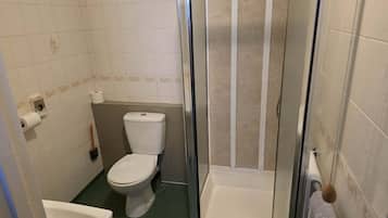 A small bathroom with a toilet, a sink, and a shower stall.