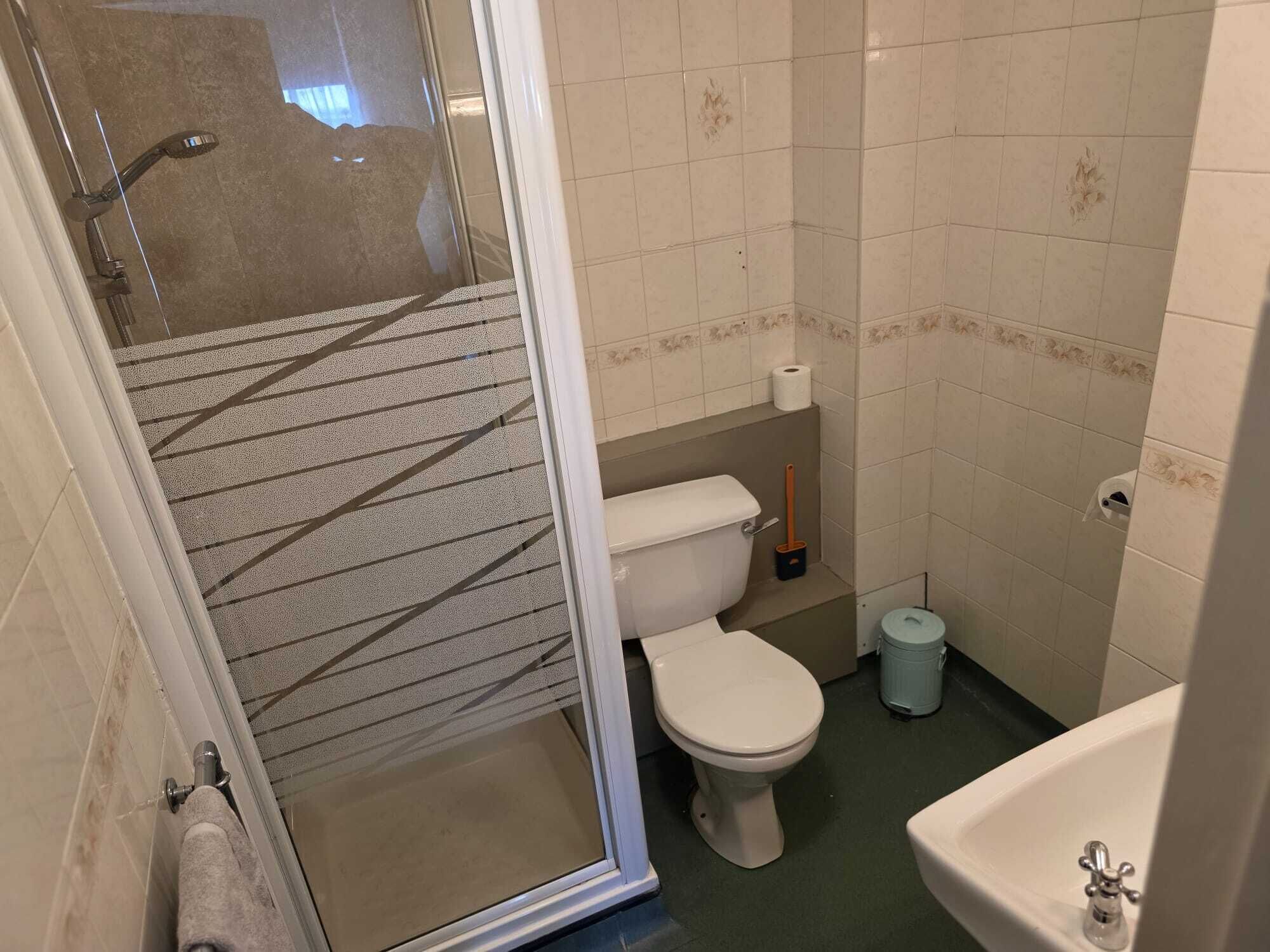 A bathroom with a toilet, sink, and shower area.