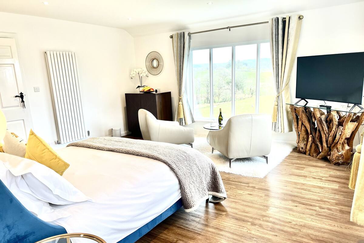A modern bedroom with a large bed, a TV, and a view of the outdoors.