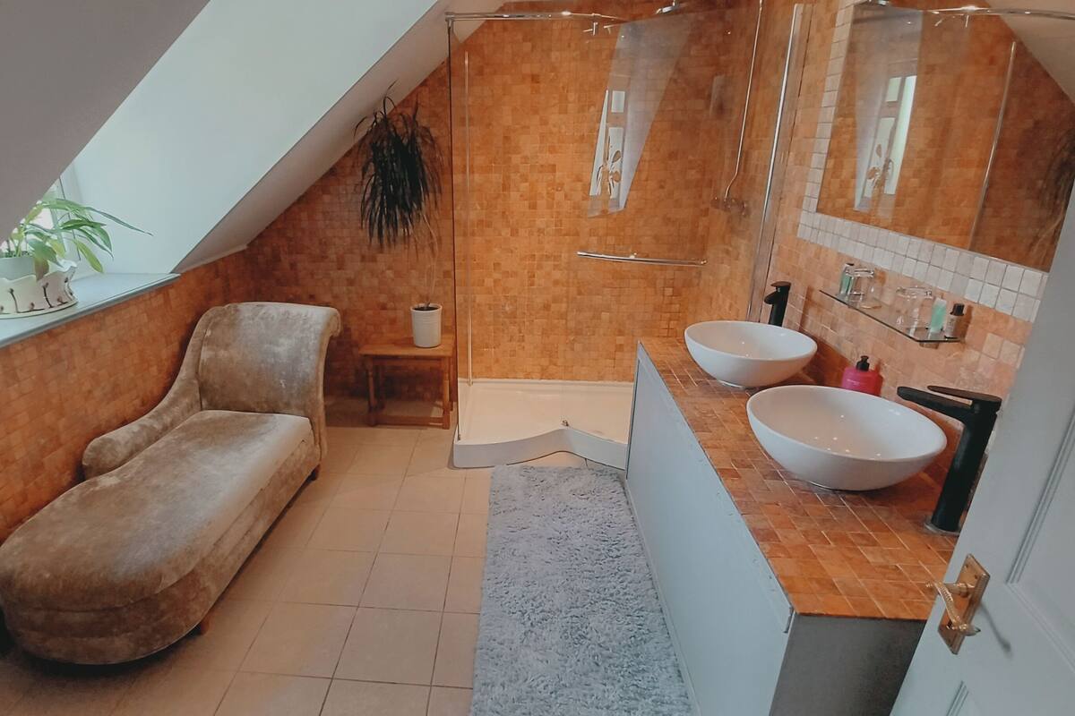 A bathroom with a bathtub, two sinks, a towel rack, and a potted plant.