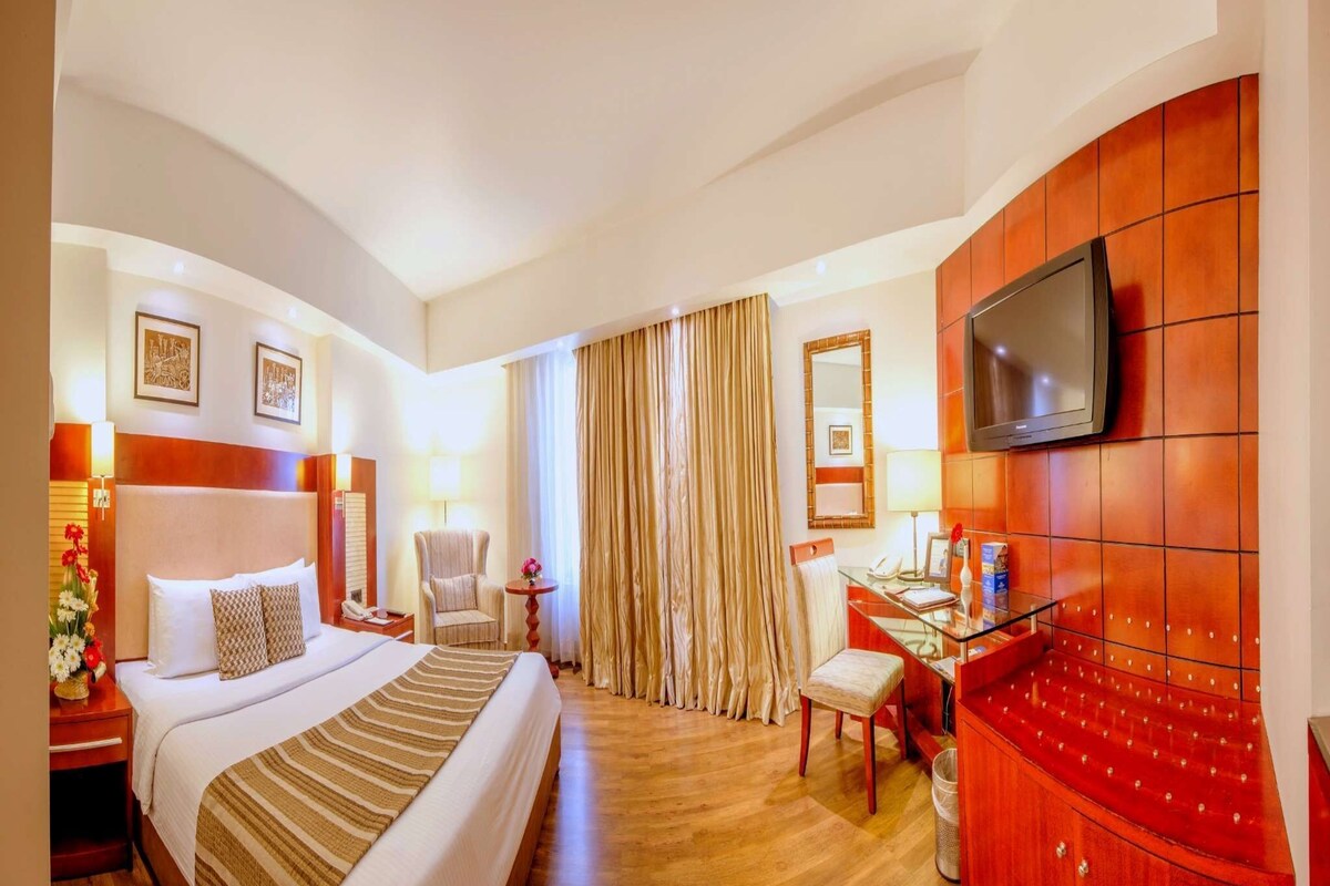 Habitación de hotel con una cama grande, un escritorio, un televisor y un baño.