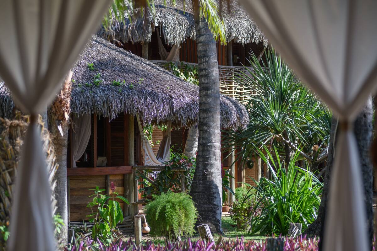 A thatched-roof hut with a hammock, surrounded by tropical plants and a palm tree.