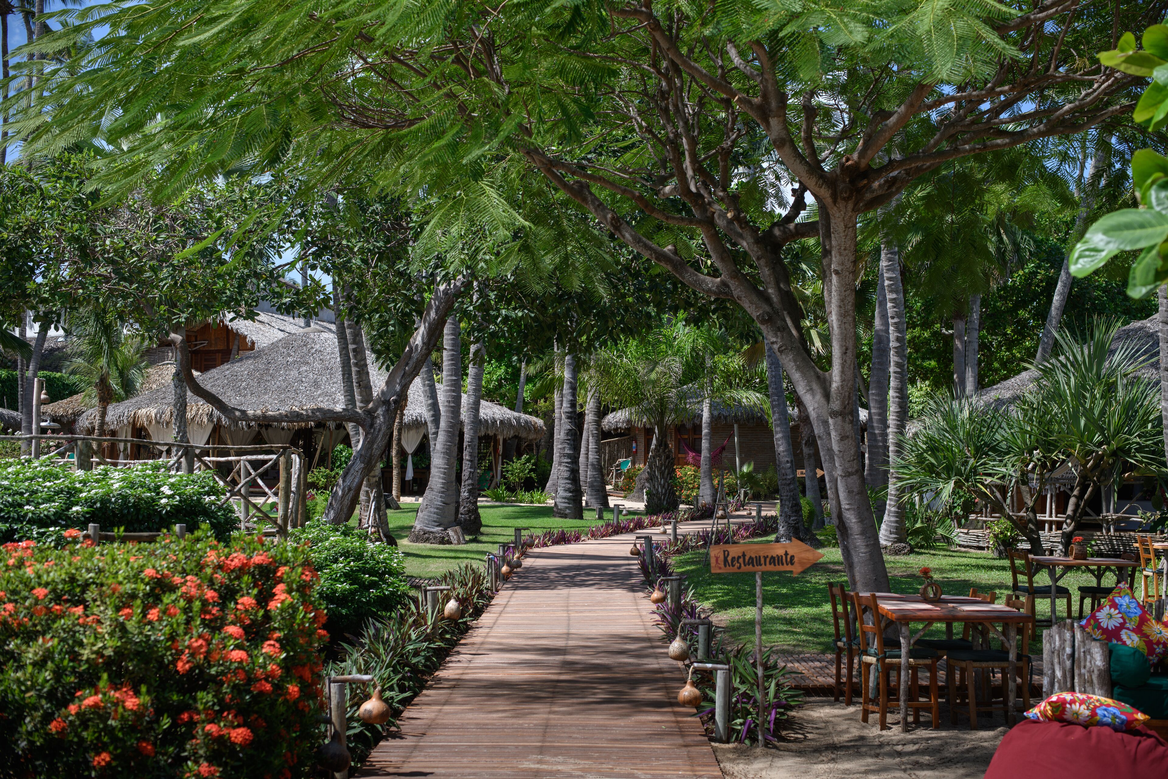 A pathway leading to a restaurant area with thatched-roof huts and palm trees.