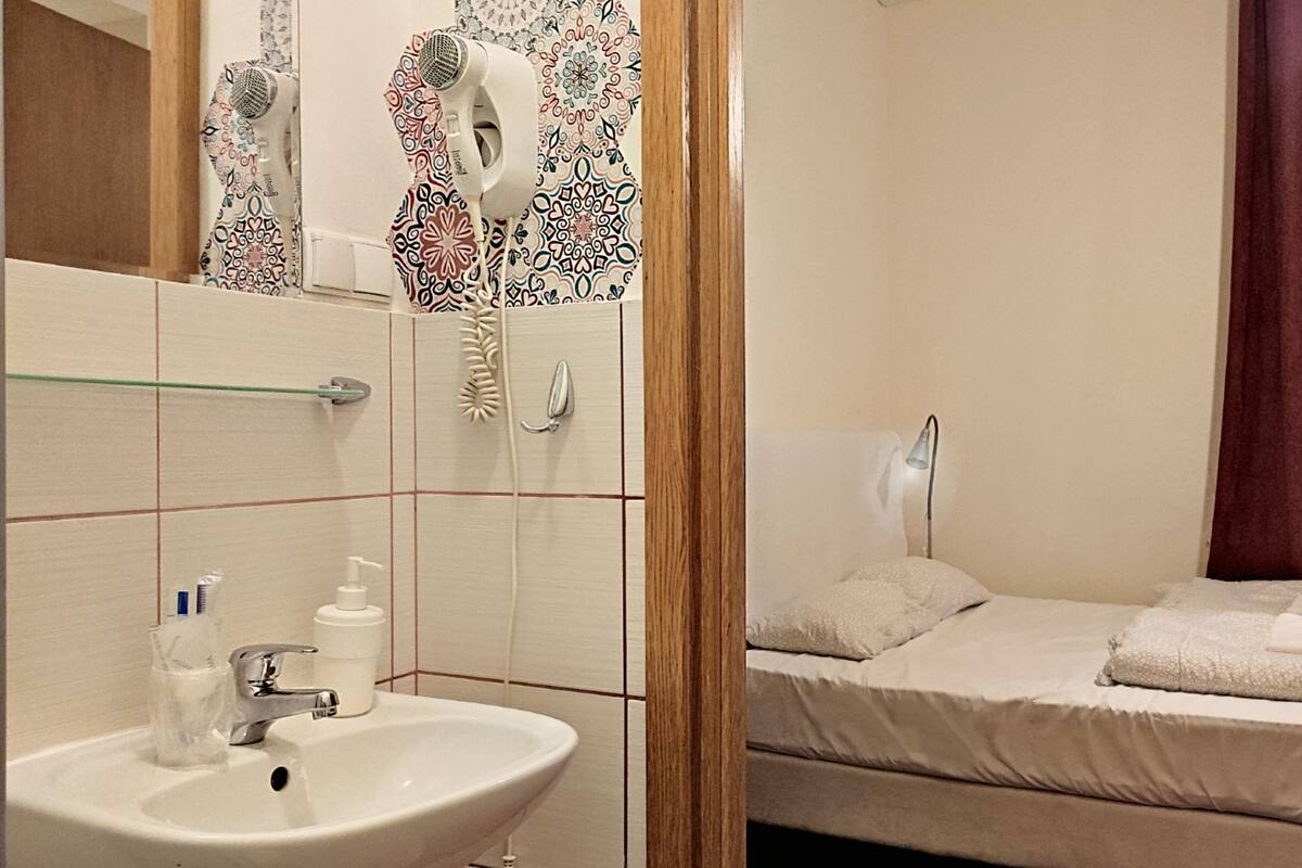 A bathroom with a sink, mirror, and hairdryer.