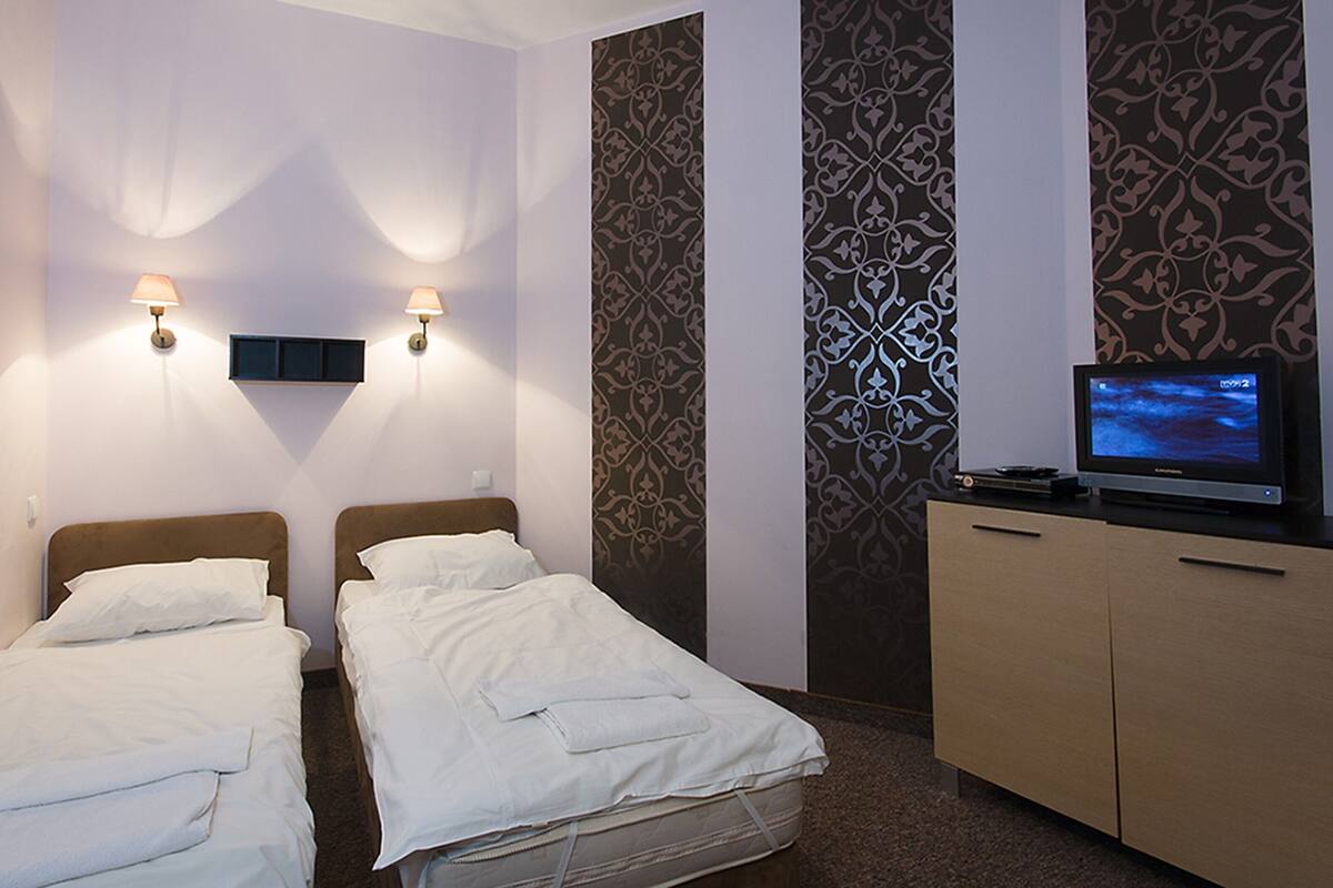 A hotel room with two single beds, a TV on a cabinet, and decorative wall panels.