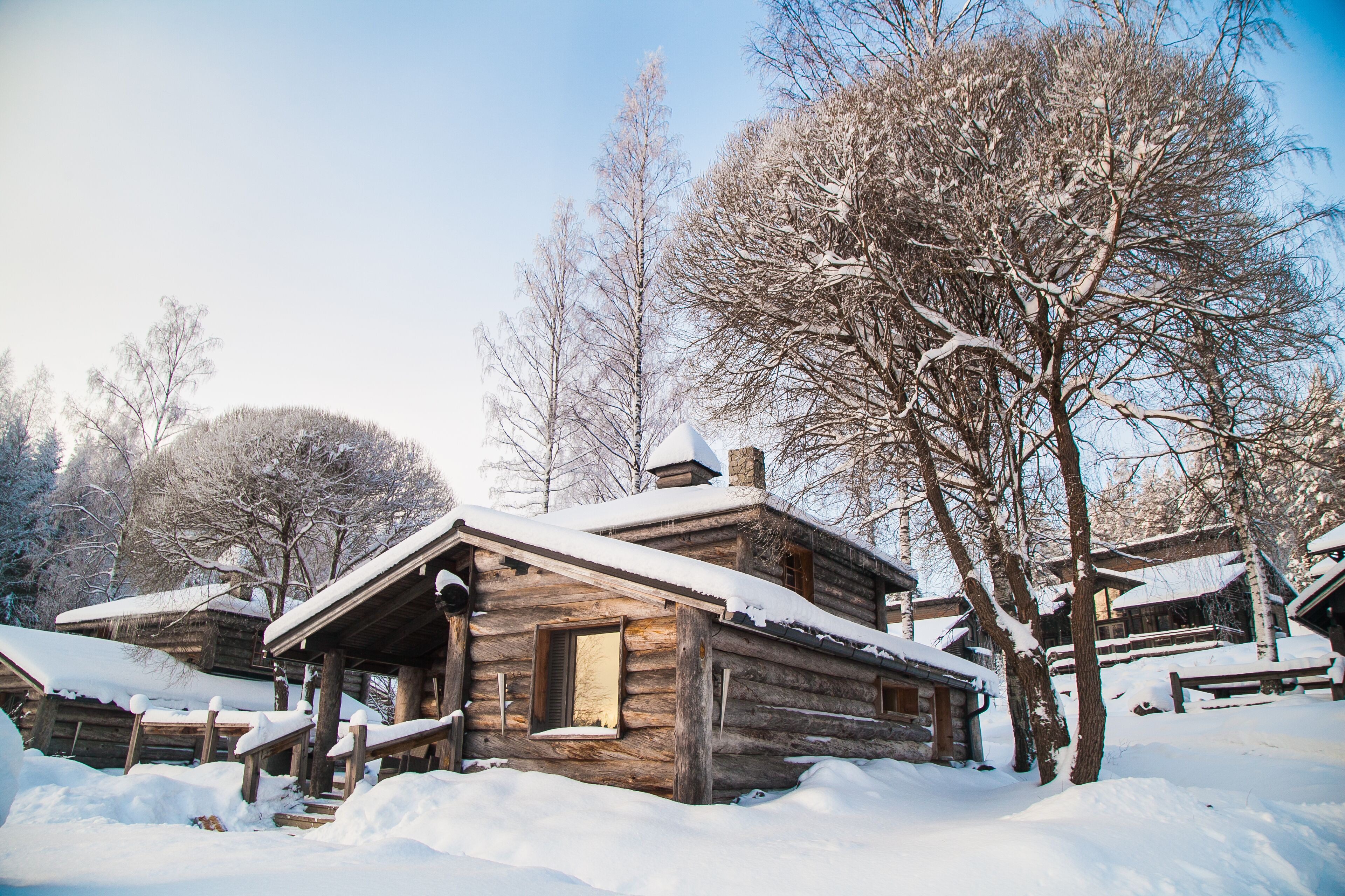 A wooden cabin with a snow-covered roof, surrounded by trees and a clear sky.