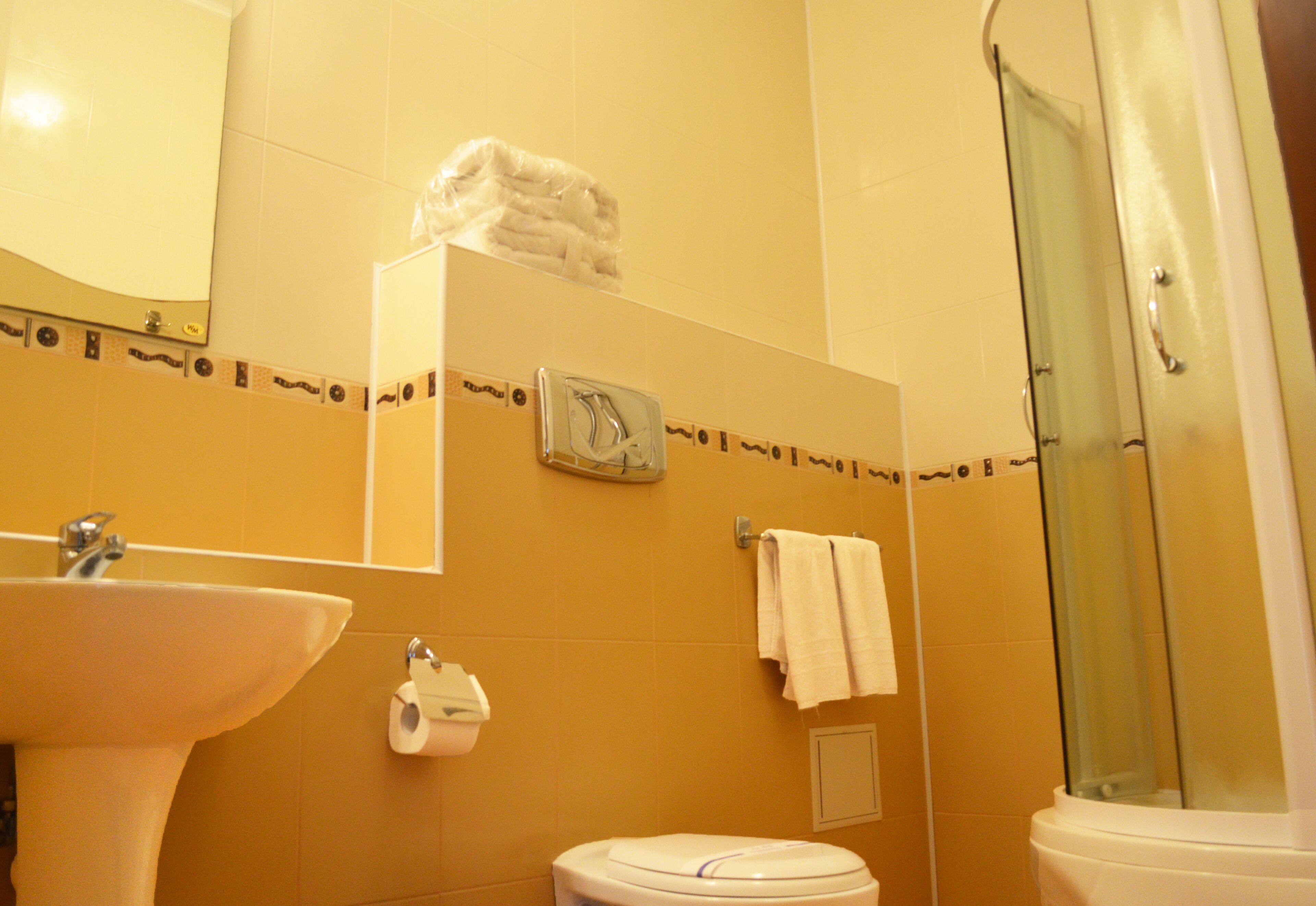 A bathroom with a sink, toilet, and shower.