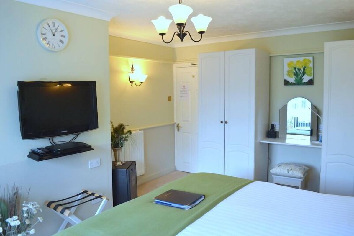 A hotel room with a bed, a television, a wall clock, a chandelier, a door, and a small table with a plant.