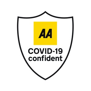 A shield with a yellow square containing the letters "AA" and the words "COVID-19 confident" below it. - Homelands Guest House (Barnard Castle)