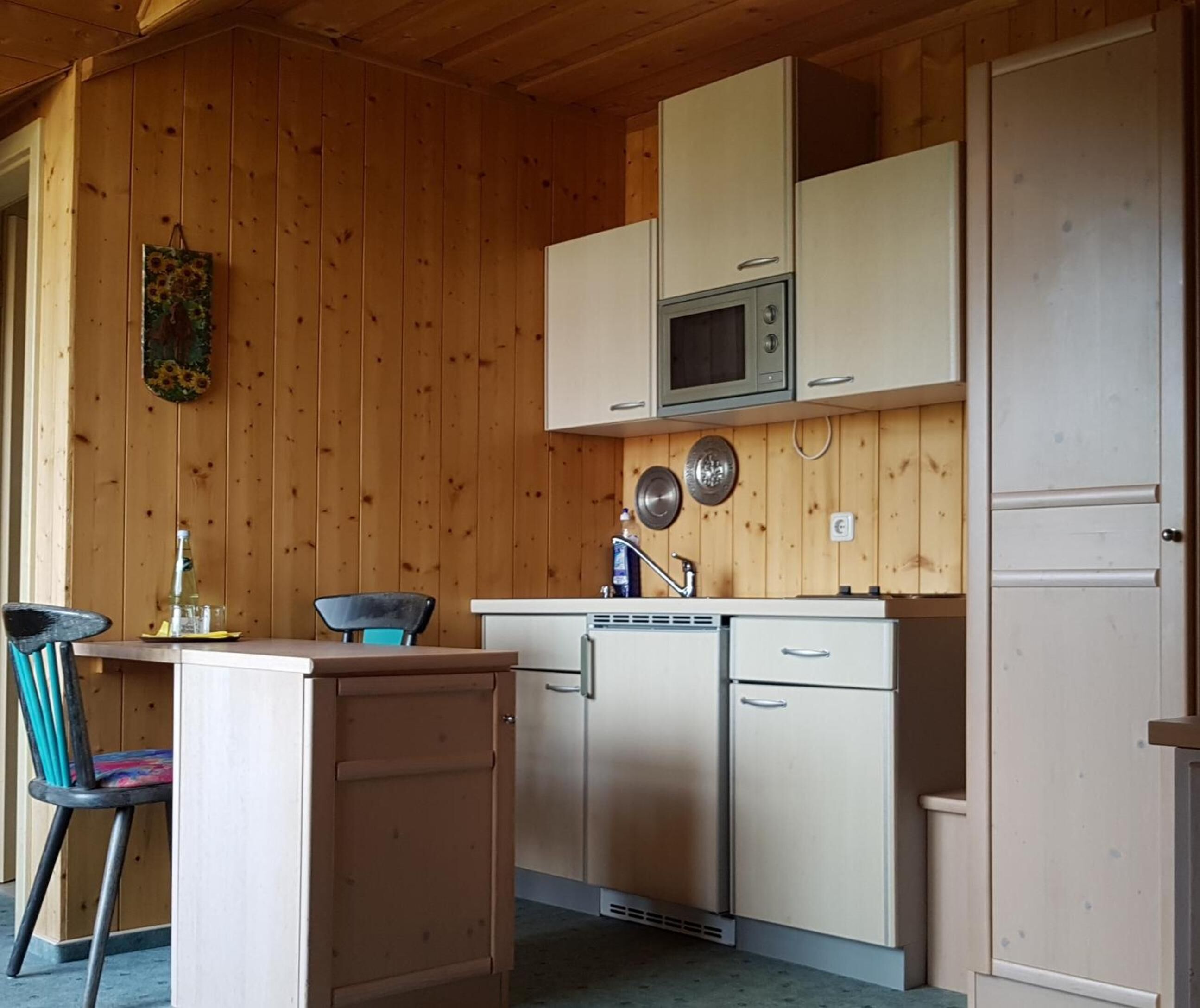A compact kitchen with wooden walls, a microwave, a sink, and a dishwasher.