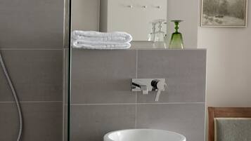 A modern bathroom with a glass shower enclosure, a white sink, and a mirror above it.