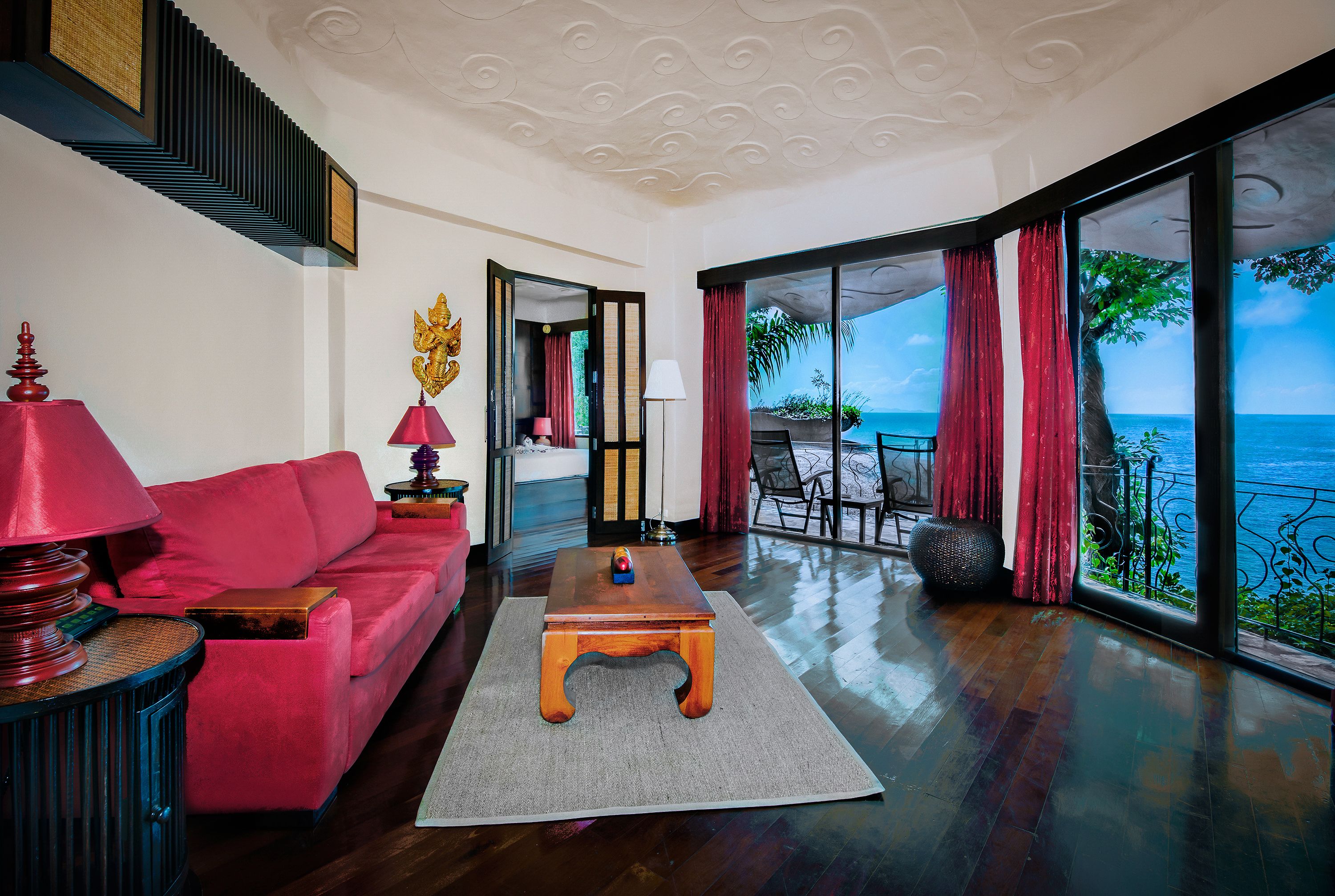 deluxe suite pavilion | living room | 49-inch led tv with satellite channels, tv, netflix