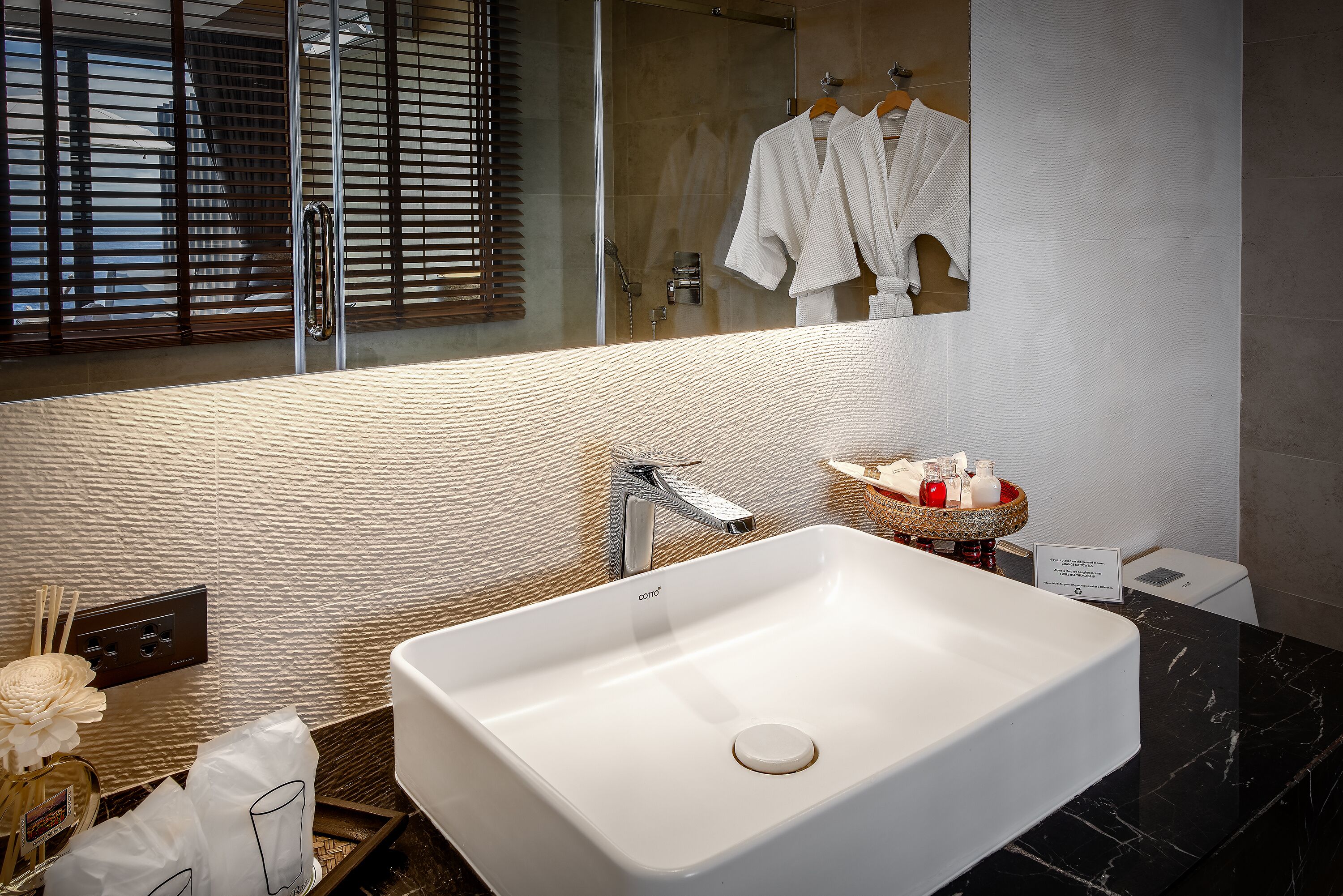 shower, rainfall showerhead, hair dryer, bathrobes