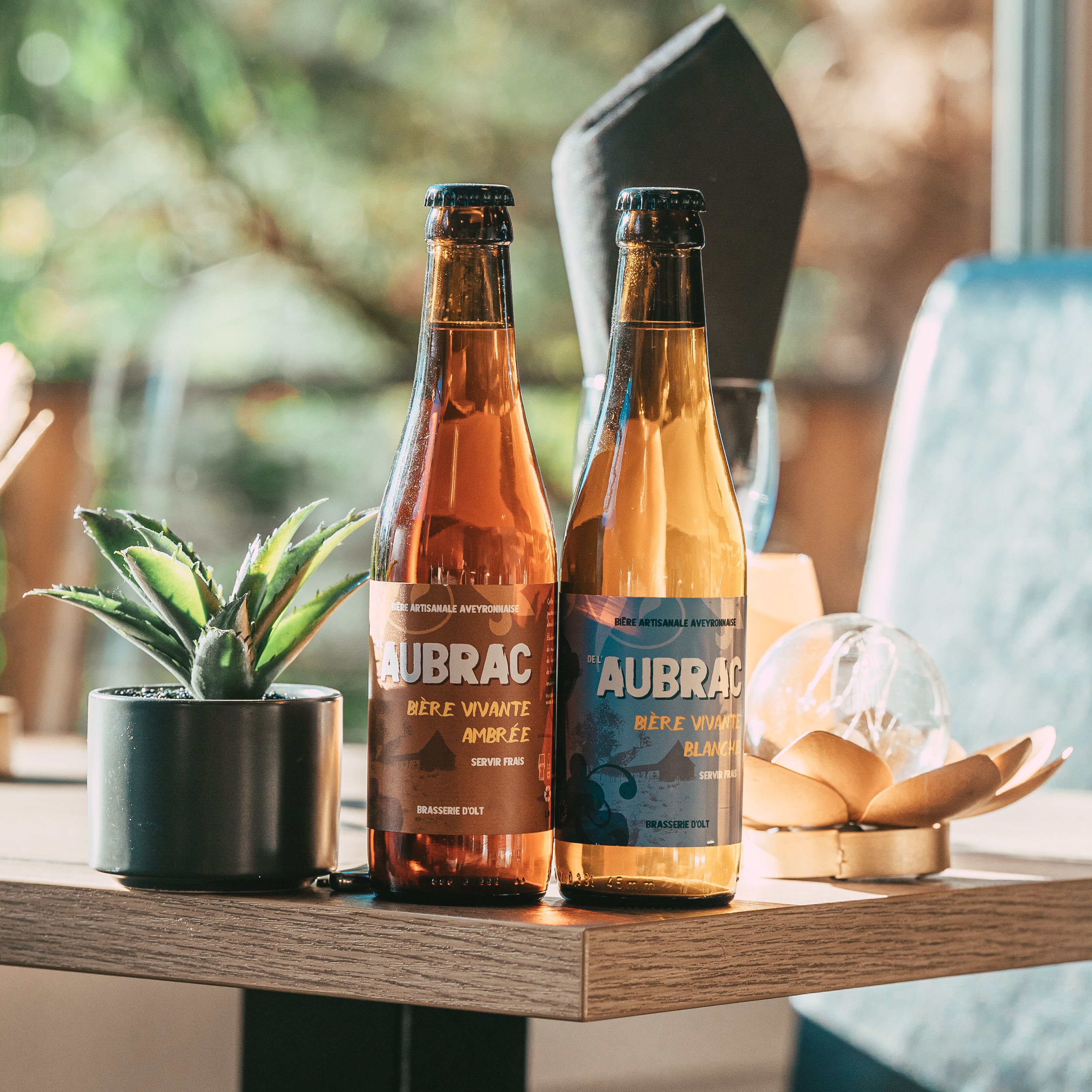 Two bottles of AUBRAC beer on a wooden table with a potted plant and a glass bowl.