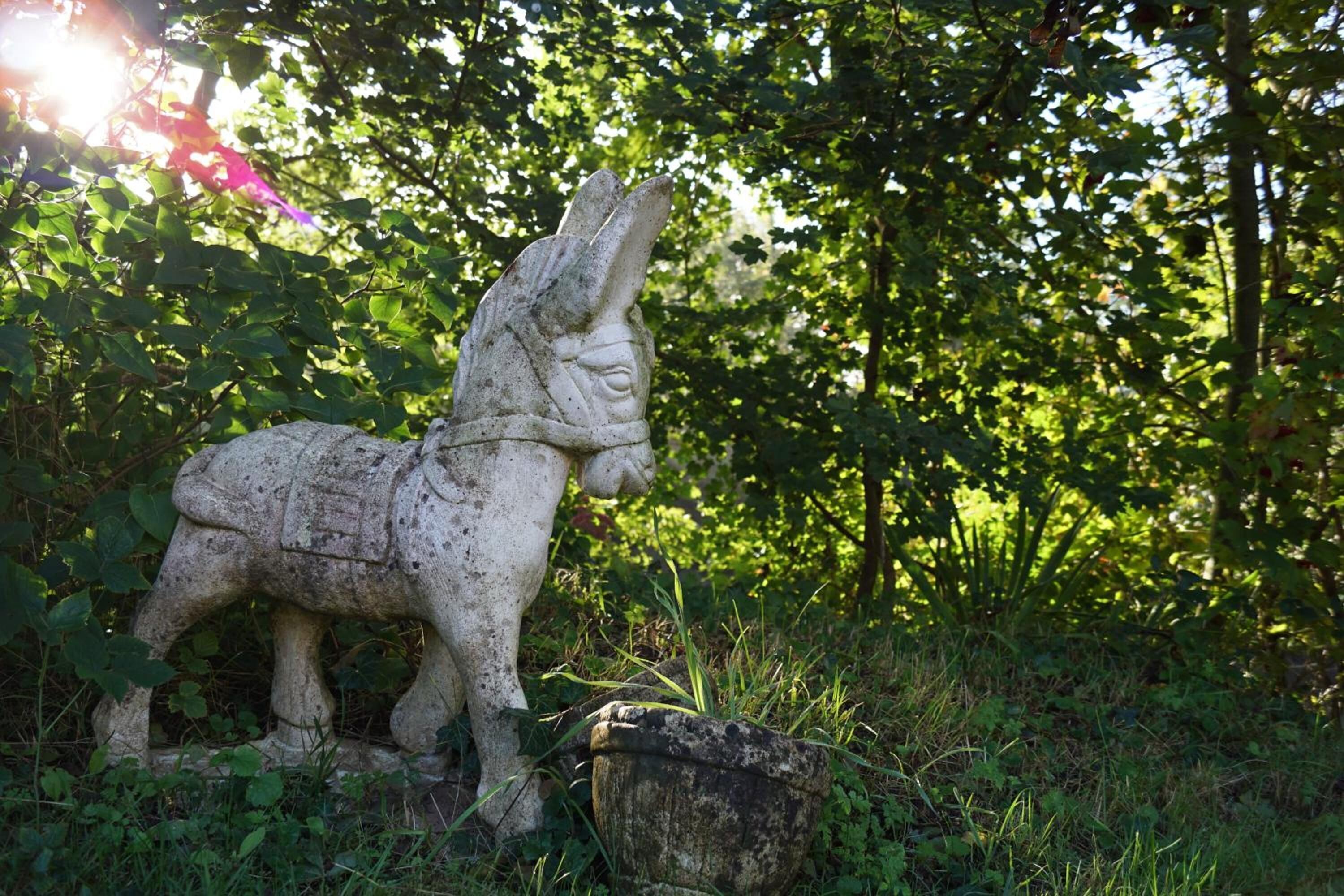 A stone statue of a donkey in a garden setting.