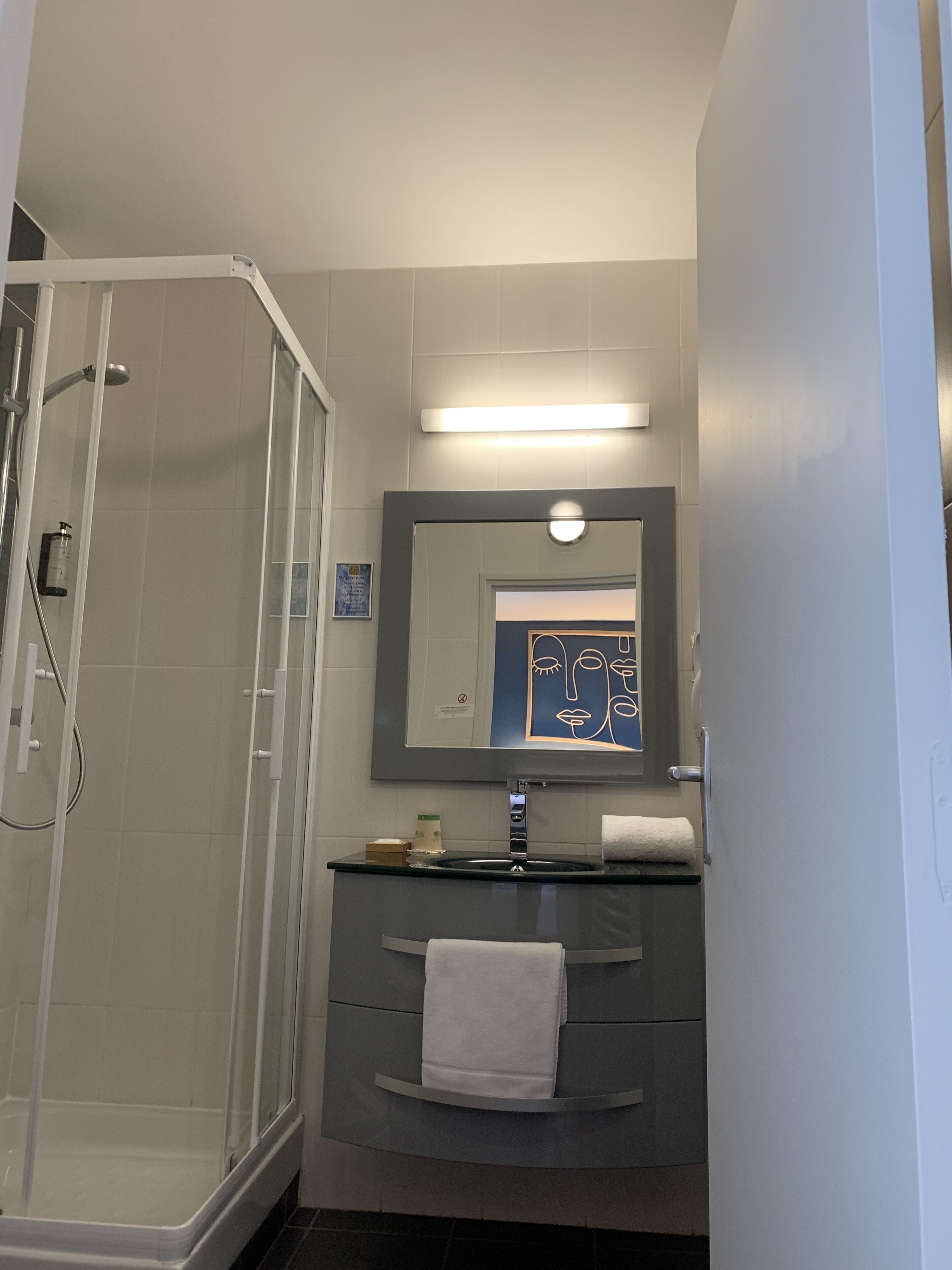 A modern bathroom with a glass shower enclosure, a vanity with a mirror, and a towel rack.
