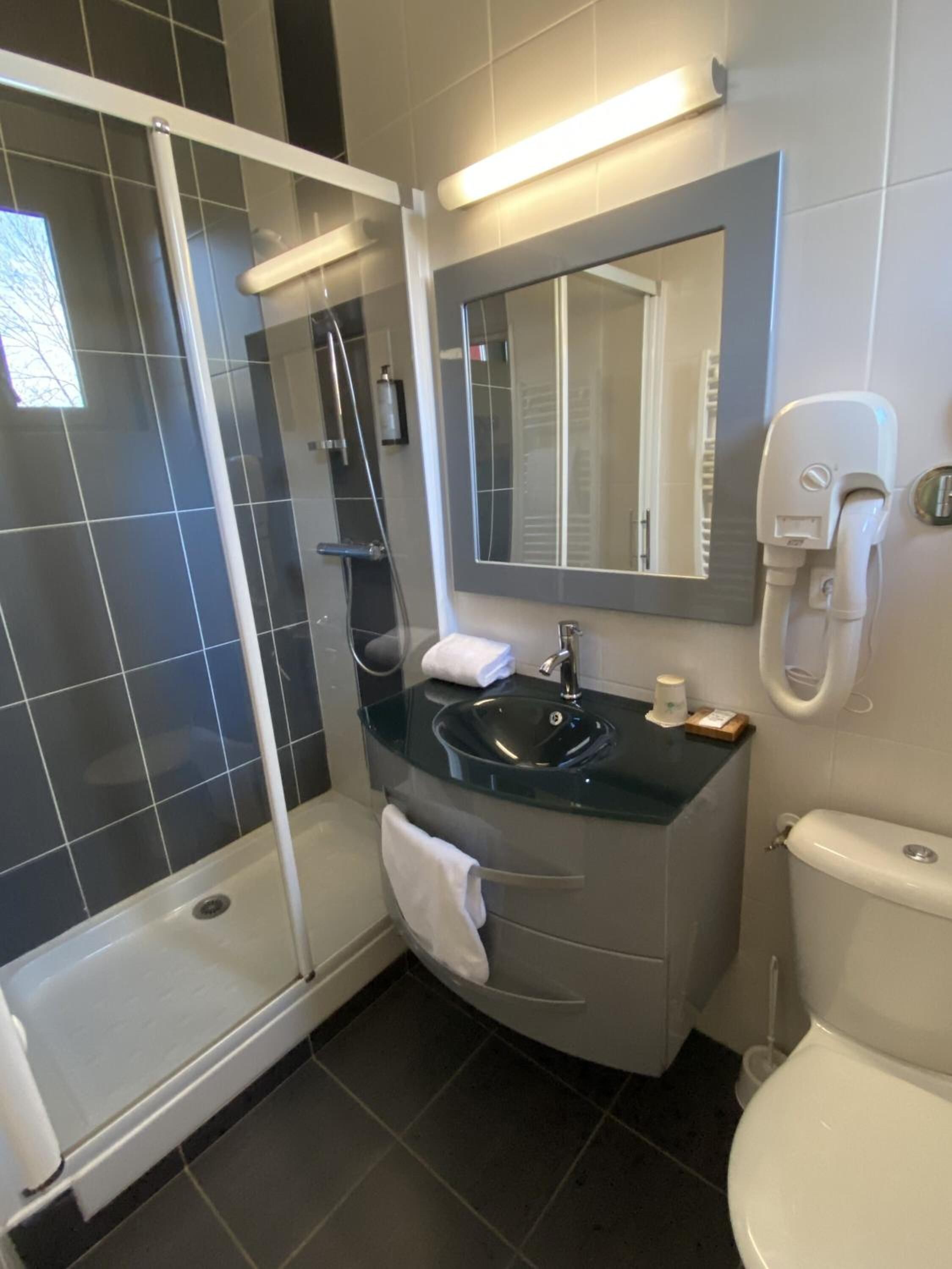 A modern bathroom with a glass shower enclosure, a sink with a mirror above it, and a toilet.