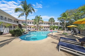 Outdoor pool, free pool cabanas, pool umbrellas