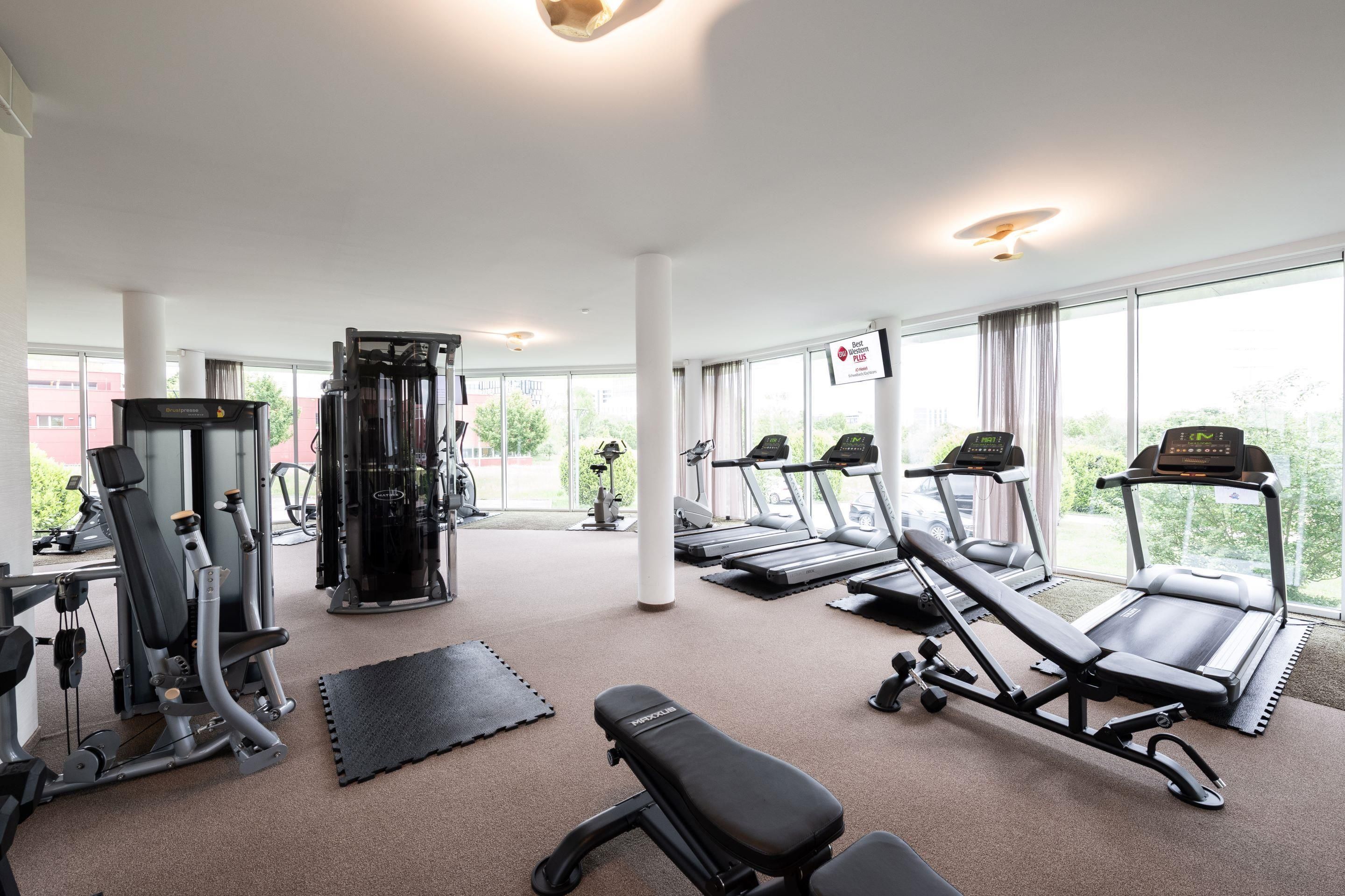 A gym with treadmills, weight machines, and a bench.